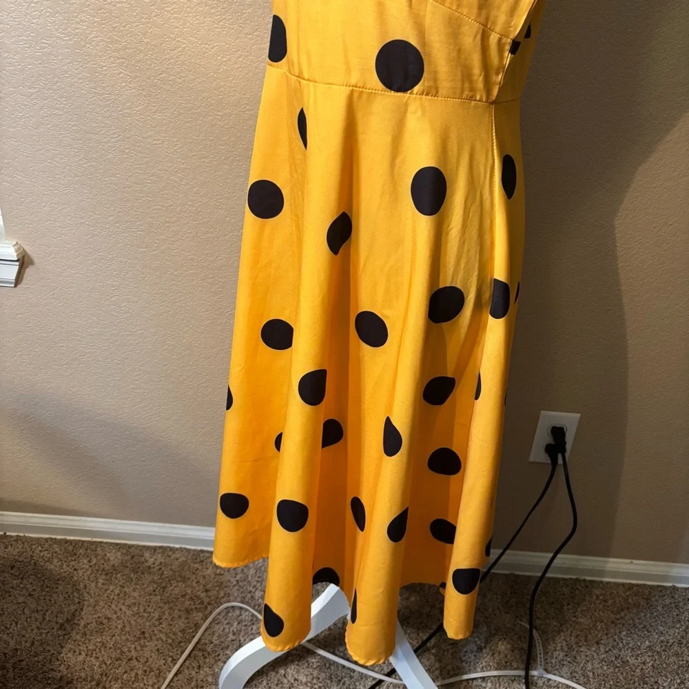 Yellow Polka Dot Dress Large Midi Sleeveless Faux Wrap Black Dots Cotton Poly - Picture 10 of 16